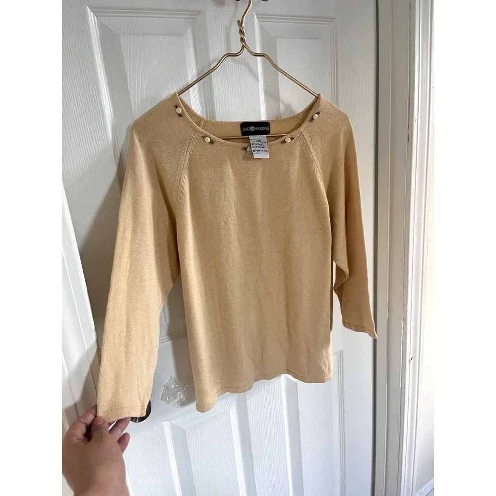 VTG SILK Sage Harbor Yellow Knit Sweater Feminine Floral Rose Detail Cottagecore